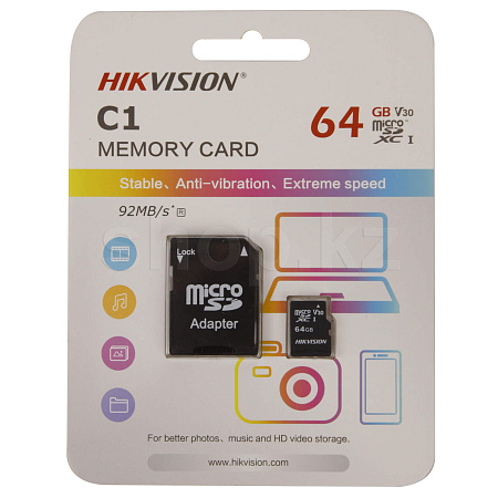 ᐈ Карта памяти Micro SDXC 64Gb Hikvision С1 Class 10 UHS I адаптер