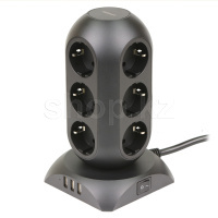 Сетевой фильтр Tessan TPS02-DE, 12 розеток, 3хUSB, 2м, Black