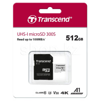 Карта памяти Micro SDXC 512Gb Transcend, Class 10 UHS-I U3 A1, адаптер