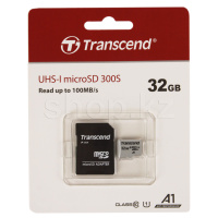 Карта памяти Micro SDHC 32Gb Transcend, Class 10 UHS-I U1, адаптер (TS32GUSD300S-A)