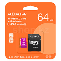 Карта памяти Micro SDXC 64Gb ADATA Premier, Class 10 UHS-I U1, адаптер