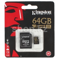 Карта памяти Micro SDXC 64Gb Kingston, Class 10 UHS-I U3, адаптер (SDCG/64GB)