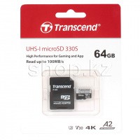 Карта памяти Micro SDXC 64Gb Transcend, Class 10 UHS-I U3, адаптер