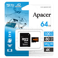 Micro SDXC 64Gb Apacer, Class 10 UHS-I U3, A2, жад картасы, адаптер
