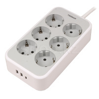 Сетевой фильтр Tessan TS-PS02DE00, 6 розеток, 2хUSB, USB Type-C, 2м, Grey