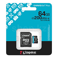 Карта памяти Micro SDXC 64Gb Kingston Canvas Go! Plus, Class 10 UHS-I U3 V30 A2, адаптер