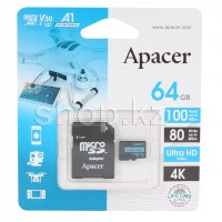 Micro SDXC 64Gb Apacer, Class 10 UHS-I U3, жад картасы, адаптер