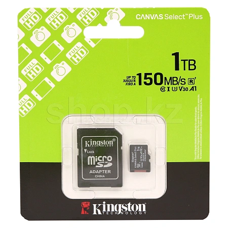 Карта памяти Micro SDXC 1Tb Kingston Canvas Select Plus, Class 10 UHS-I U3, адаптер