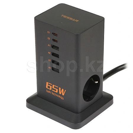 Сетевой фильтр Tessan TS-FS02DE00, 2 розетки, 4хUSB, 2хUSB Type-C, Black