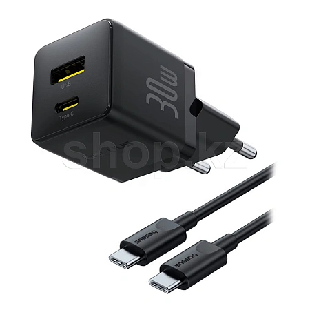 Зарядное устройство Baseus Palm C+U 30W, сеть, для USB устройств, Cluster Black + кабель USB Type-C