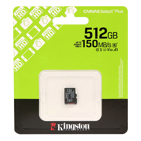 Карта памяти Micro SDXC 512Gb Kingston Canvas Select Plus, Class 10 UHS-I U3