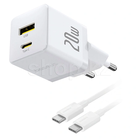 Зарядное устройство Baseus Palm C+U 20W, сеть, для USB устройств, Moon White + кабель USB Type-C