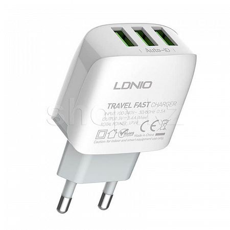Зарядное устройство LDNIO A3312, сеть, для USB-устройств, White + кабель Type-C