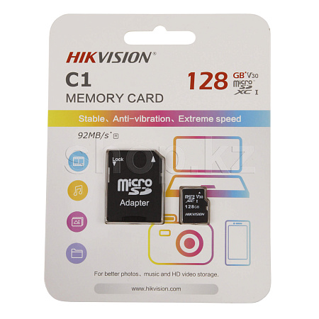 Карта памяти Micro SDXC 128Gb Hikvision С1, Class 10 UHS-I, адаптер