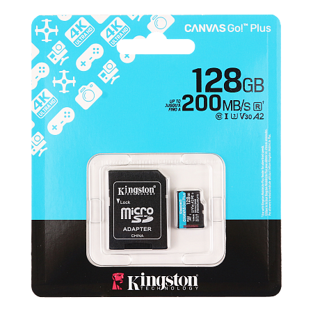 Карта памяти Micro SDXC 128 Gb Kingston Canvas Go Plus, Class 10 UHS-I U3 V30 A2, адаптер