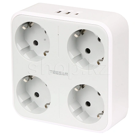 Сетевой фильтр Tessan TS-302-DE-C, 4 розетки, 2хUSB, USB Type-C, Grey