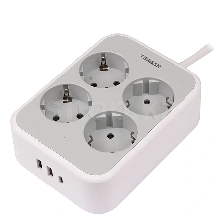 Сетевой фильтр Tessan TS-PS01DE00, 4 розетки, 2хUSB, USB Type-C, 2м, Grey