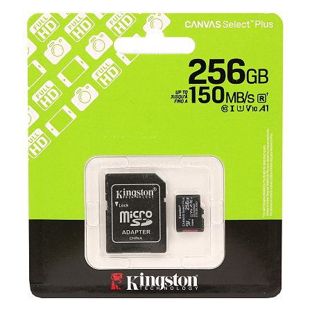 Карта памяти Micro SDXC 256Gb Kingston Canvas Select Plus, Class 10 UHS-I U1, адаптер