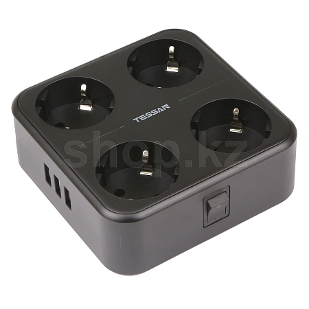Сетевой фильтр Tessan TS-302, 4 розетки, 1.5м, 3хUSB, Black