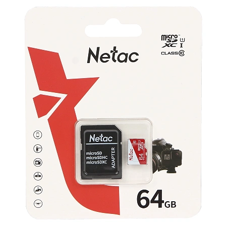 Карта памяти Micro SDXC 64 GB Netac P500 ECO, Class 10, UHS-I U1, адаптер