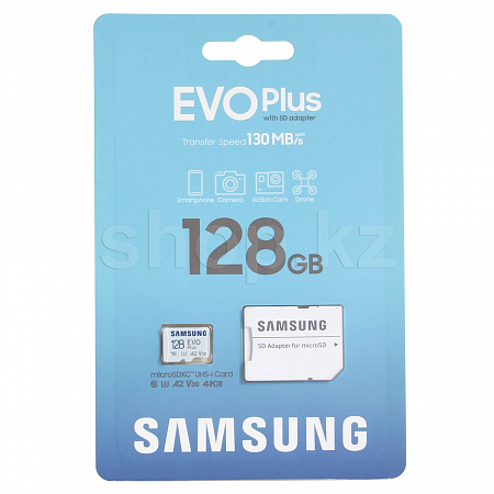 Карта памяти Micro SDXC 128Gb Samsung EVO Plus, Class 10 UHS-I U3, адаптер (MB-MC128KA)