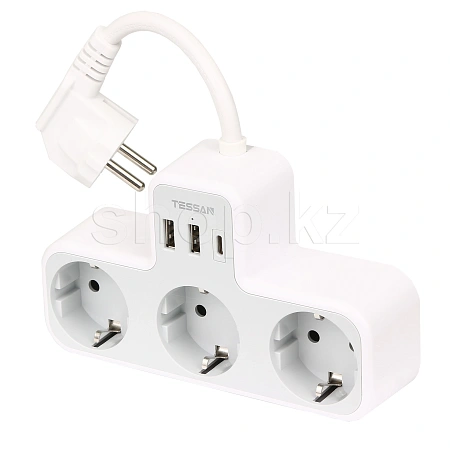 Сетевой фильтр Tessan TS-323X-C, 3 розетки, Type-C, 2хUSB, Grey