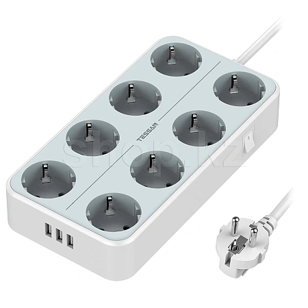 Сетевой фильтр Tessan TS-304, 8 розеток, 3хUSB, Grey