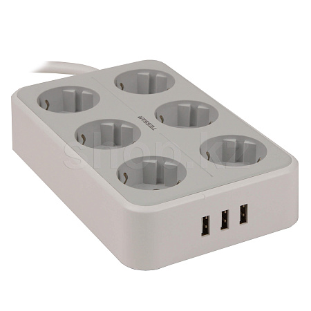 Сетевой фильтр Tessan TS-303, 6 розеток, 3хUSB, 2м, Grey