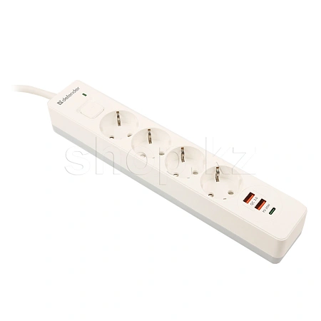 Сетевой фильтр Defender DFS-143, 4 розетки, 3м, 1хUSB Type-C, 2хUSB, White
