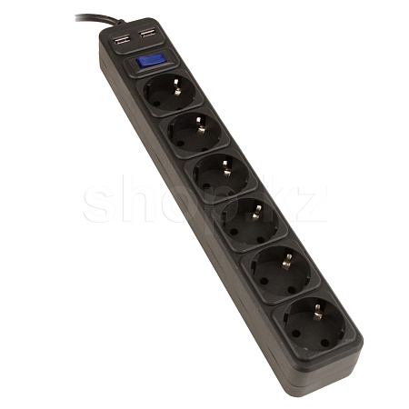 Сетевой фильтр SVC ZC6S-30M-USB, 6 розеток, 2xUSB, 3м, Black